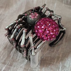 Halloween Spider Cuff Bracelet Pewter Swarovski Elements Dark Rose Dark Pink NEW